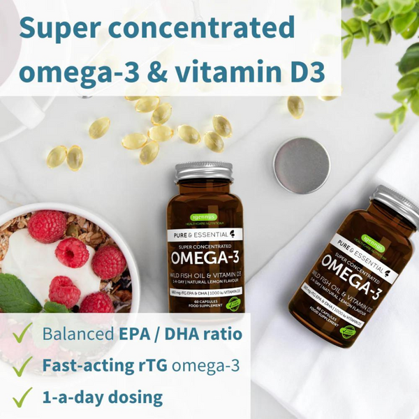 Igennus Pure & Essential Concentrated Omega-3 Fish Oil & Vitamin D3 1000iu, 660mg Omega-3 EPA & DHA, 1-a-day, 60 softgels