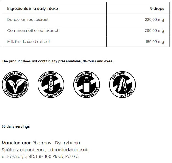 PharmoVit Body cleansing - Extracts in drops Dandelion / Nettle / Milk thistle 30 ml = 60 daily portions