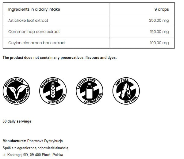 PharmoVit Cholesterol - Extracts in drops Artichoke / Hops / Cinnamon 30 ml = 60 daily portions