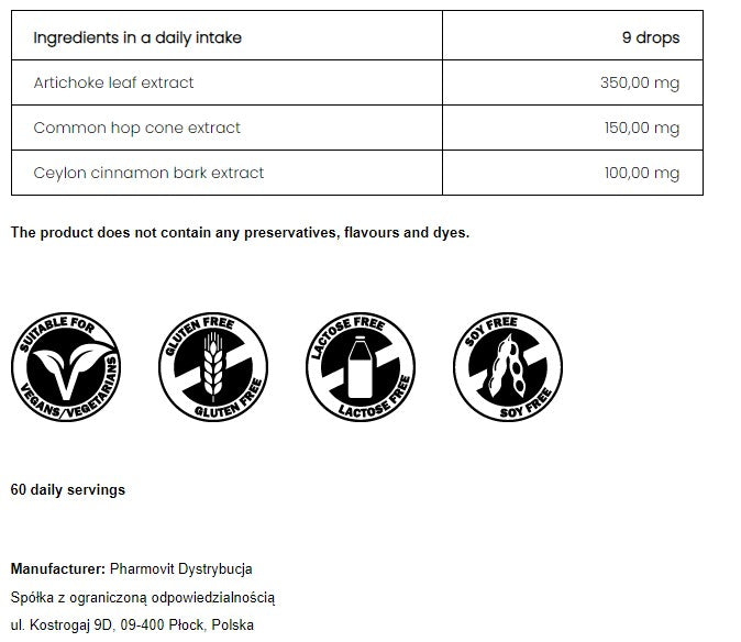 PharmoVit Cholesterol - Extracts in drops Artichoke / Hops / Cinnamon 30 ml = 60 daily portions