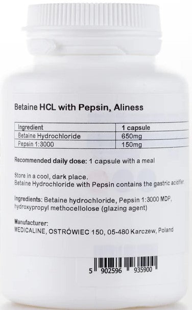 Aliness Betaine HCL + Pepsin 650/150 mg x 100 capsules