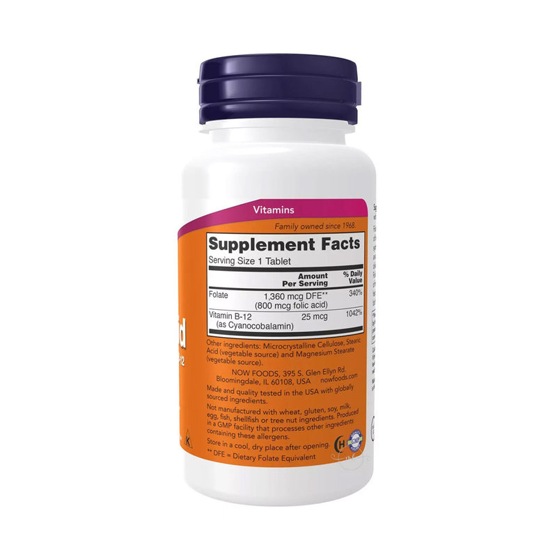 NOW Foods Folic Acid with Vitamin B12, 800mcg  - 250 tablets