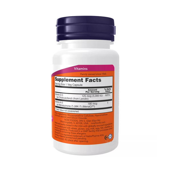 Now Foods Vitamin D3 5000 IU + K2 MK-7 180mcg 60 capsules