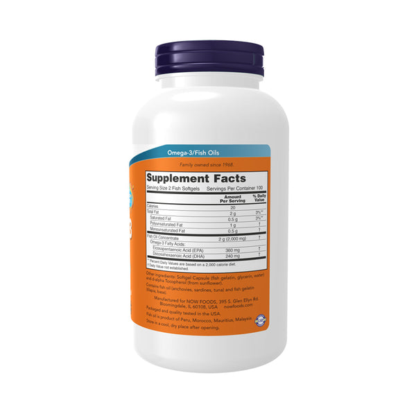 NOW Foods Omega-3 Fish Oil - Molecularly Distilled  - 200 fish softgels