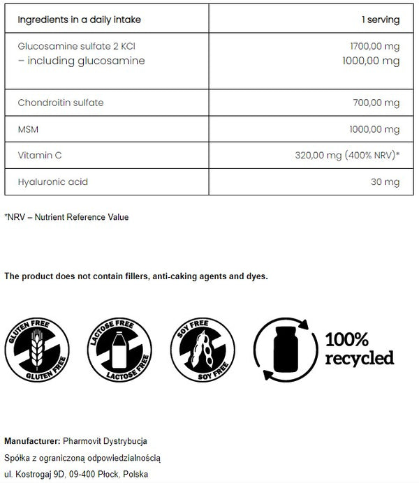 PharmoVit Glucosamine and Chondroitin + Hyaluronic acid, Vitamin C, MSM powder (150 grams) = 40 servings