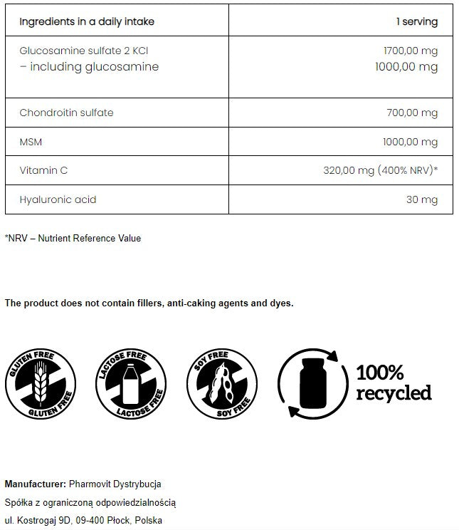 PharmoVit Glucosamine and Chondroitin + Hyaluronic acid, Vitamin C, MSM powder (150 grams) = 40 servings