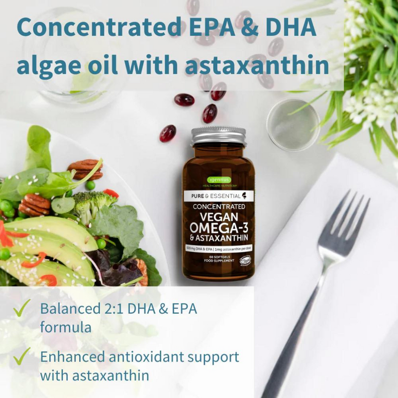 Igennus Pure & Essential Vegan Omega-3 DHA & EPA 600mg & Astaxanthin, 60 softgels