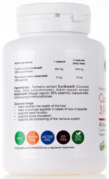 Aliness Curcumin 3 PLUS Curcuma longa 500 mg Piperin 1 mg 60 capsules