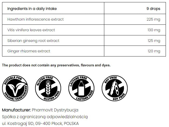 PharmoVit Heart support Hawthorn / Vine / Ginseng / Ginger 30 ml = 60 daily portions