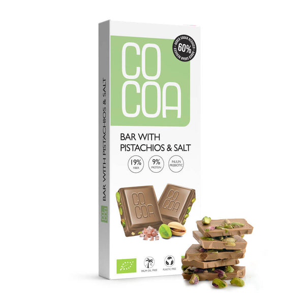 COCOA BOARD WITH PISTACHIOS AND SALT 60% LESS ORGANIC SUGAR 40 g