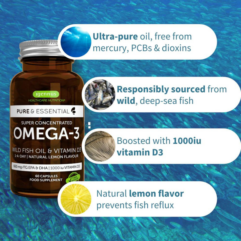 Igennus Pure & Essential Concentrated Omega-3 Fish Oil & Vitamin D3 1000iu, 660mg Omega-3 EPA & DHA, 1-a-day, 60 softgels