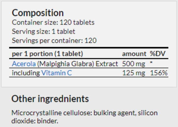 Aliness Acerola 125mg x 120 tabs. Natural Vitamin C