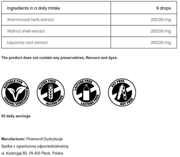 PharmoVit Intestinal support - Extracts in drops Mugwort Wormwood / Walnut / Licorice 30 ml = 60 daily portions