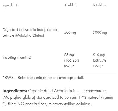 Aliness Acerola BIO 17% vitamin C, 500mg, 100 capsules