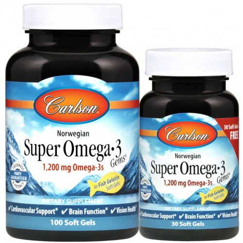 Carlson Labs Norwegian Super Omega-3 Gems, 1200mg  - 100 + 30 softgels