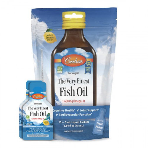 Carlson Labs The Very Finest Fish Oil - 1600mg Omega-3s, Natural Lemon (Pouch of Packets)  - 15 x 5 ml.