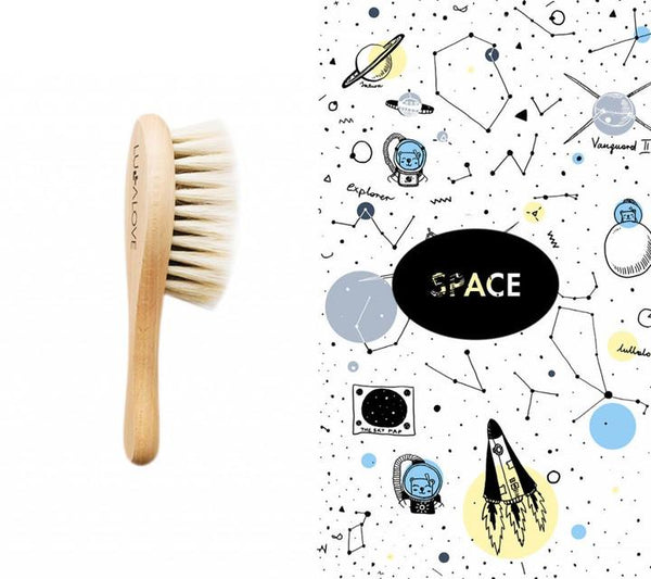 Soft Baby Hairbrush with Goat's Bristle with Washcloth - Space